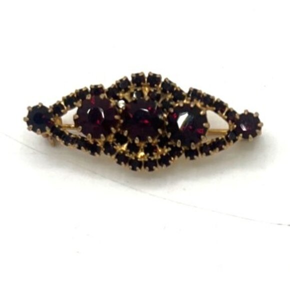 Vtg 10K Gold 6.56g Garnet Glass Brooch '40s Bar Pin Red Rhinestone Unmarked MCM - Picture 12 of 16